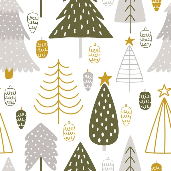Árvores Natal Bonito Desenhado Mão Com Cones Estilo Escandinavo Padrão — Vetor de Stock