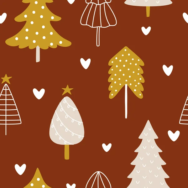 Ouro Bege Vetor Desenhos Animados Árvores Natal Fundo Vermelho Padrão —  Vetores de Stock