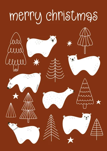 Vektorsüße Postkarte Oder Poster Für Frohe Weihnachten Mit Bäumen Und — Stockvektor