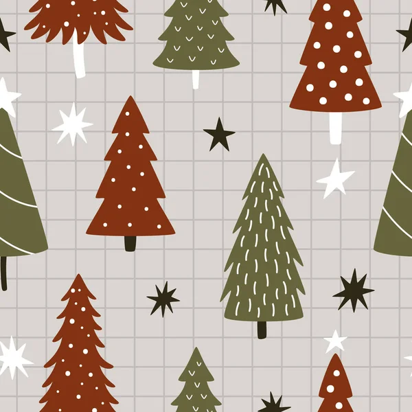 可爱的红色和灰色圣诞树与抽象装饰灰色检查背景 圣诞节和新年庆祝活动的无缝制病媒冬季图案 — 图库矢量图片