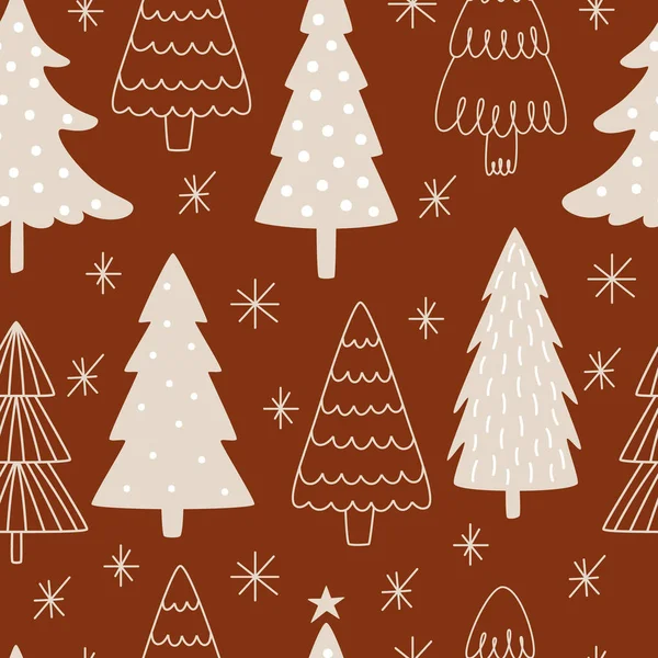 Lindos Árboles Navidad Beige Dibujados Mano Sobre Fondo Rojo Estilo — Archivo Imágenes Vectoriales