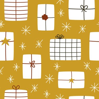 Yeni yıl için el yapımı hediye kutuları ve altın bir arka planda Noel tatili. Kumaş, kazıyıcı veya ambalaj kağıdı için kusursuz desen