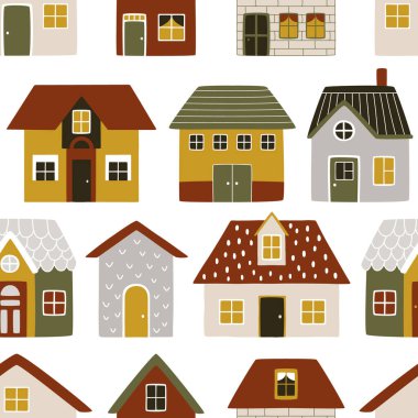 Çocuk odasında ya da ev dekorunda uyuyanlar için İskandinav vektör evleri. Vektörsüz desen