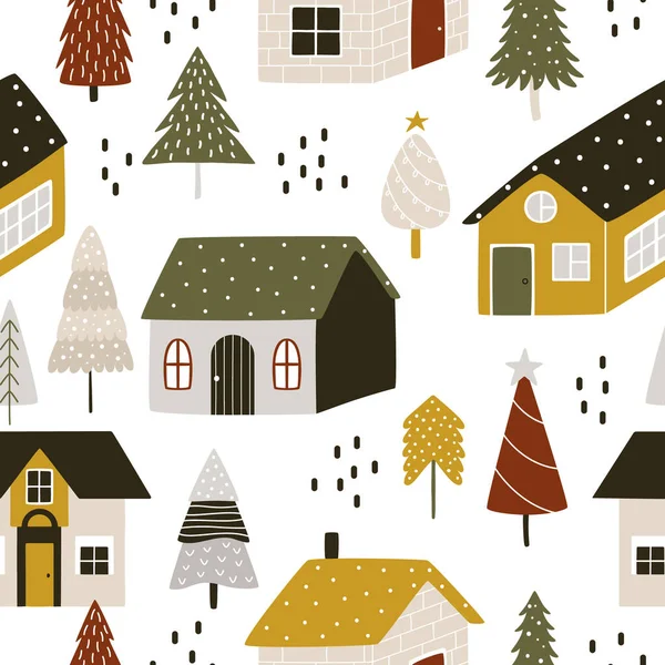 Maisons Scandinaves Mignonnes Parmi Les Arbres Noël Décor Abstrait Modèle — Image vectorielle