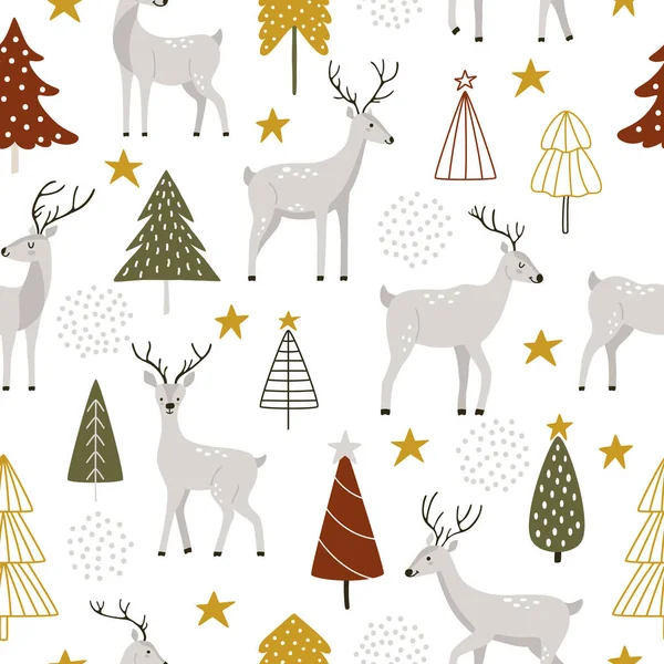 Cervos Cinzentos Desenhados Mão Com Árvores Natal Decoração Abstrata Estilo — Vetor de Stock