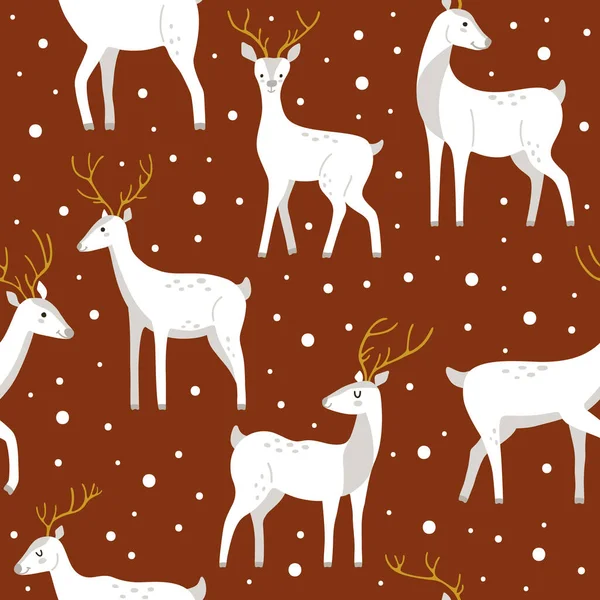 stock vector Hand-drawn winter white deer with snow on a red background in cute style. Seamless vector pattern with wild animals for wallpaper or wrapping paper for New Year and Christmas winter holidays