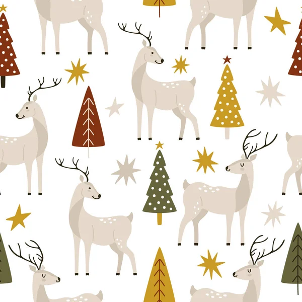 Cervos Cinzentos Desenhados Mão Com Árvores Natal Decoração Abstrata Estilo —  Vetores de Stock