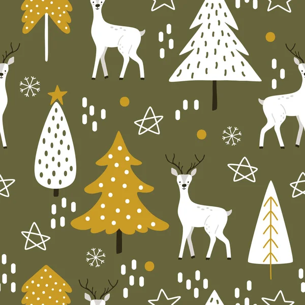 Cervos Brancos Desenhados Mão Com Árvores Natal Estilo Escandinavo Fundo —  Vetores de Stock