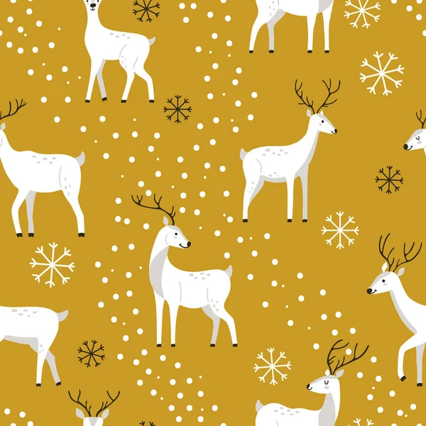 かわいいスタイルで黄色の背景に雪と手描きの冬の白い鹿 新しい年とクリスマスの冬の休日のための壁紙や包装紙のための野生動物とシームレスベクトルパターン — ストックベクタ