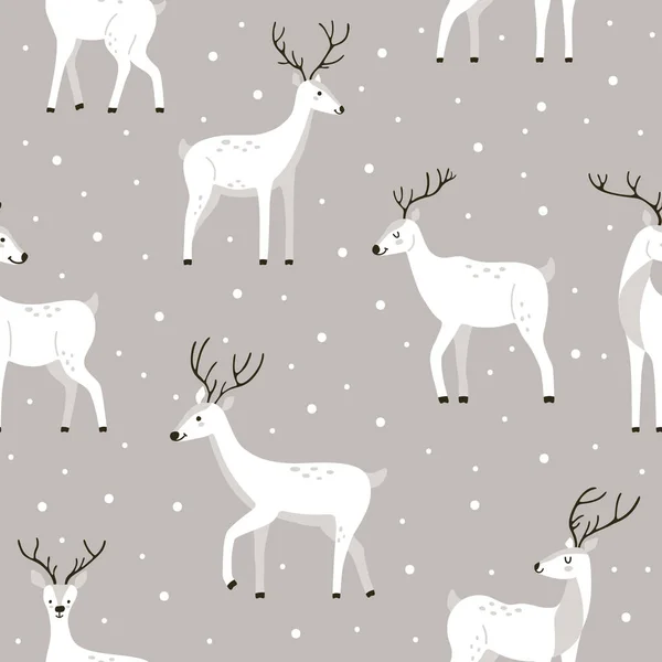 stock vector Hand-drawn winter white deer with snow on a gray background in cute style. Seamless vector pattern with wild animals for wallpaper or wrapping paper for New Year and Christmas winter holidays