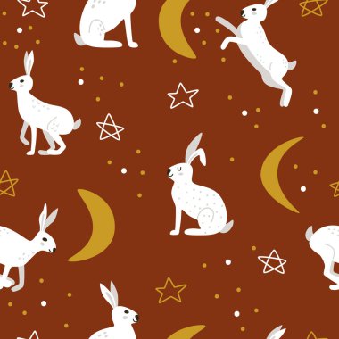 Yıldızlar ve ay arasındaki beyaz tavşanlar kırmızı arka planda kızlık zemininde. Çocuksu karikatür izinde şirin kusursuz vektör deseni.