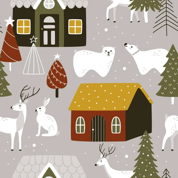 Animales Del Bosque Invierno Dibujados Mano Con Casas Árboles Navidad — Archivo Imágenes Vectoriales