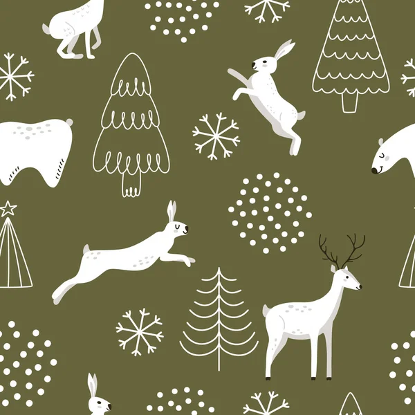 El çizimi şirin orman hayvanları, Noel ağaçları ve yeşil arka planda kızlık zarı. Tavşanlar, ayılar ve geyikler kusursuz vektör deseninde. Yeni Yıl ve Noel illüstrasyonu.