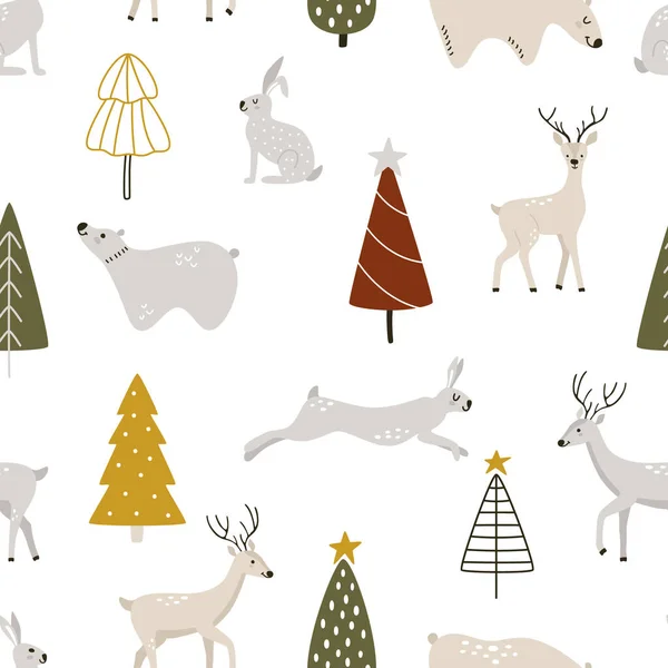 Niedliche Nordische Tiere Mit Weihnachtsbaum Hygge Stil Nahtloses Vektormuster Mit — Stockvektor