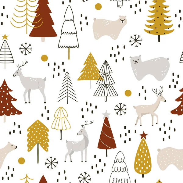 Ciervos Osos Bosque Nevado Con Árboles Navidad Estilo Hygge Patrón — Archivo Imágenes Vectoriales