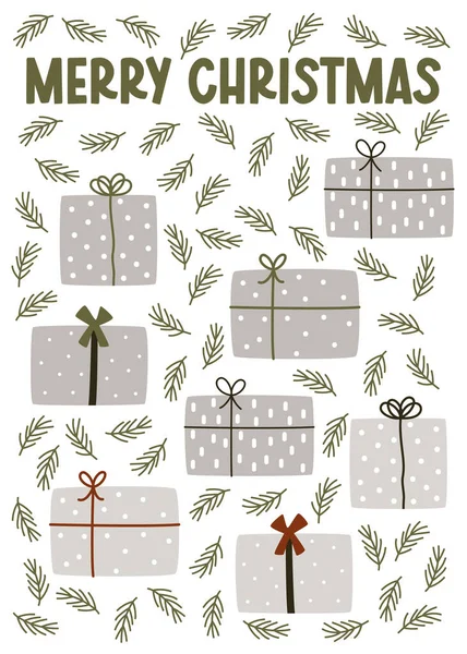 Pozdrav Ilustrací Dárkových Krabic Větví Vánočních Stromků Vektorová Karta Oslavě — Stockový vektor