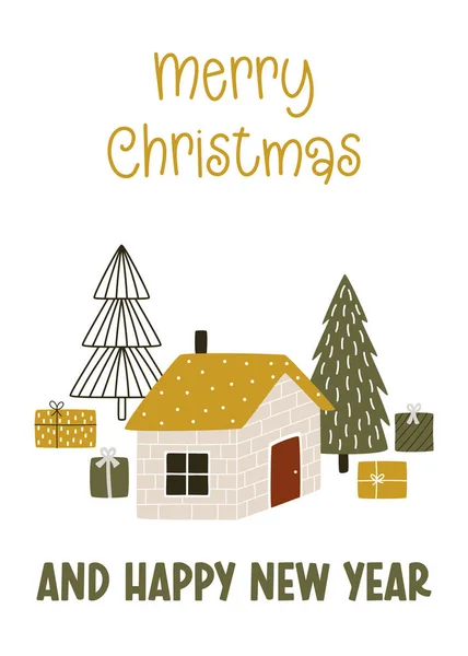 Pozdrav Ilustrací Domu Dárkových Krabic Pod Vánoční Stromky Vektorová Karta — Stockový vektor