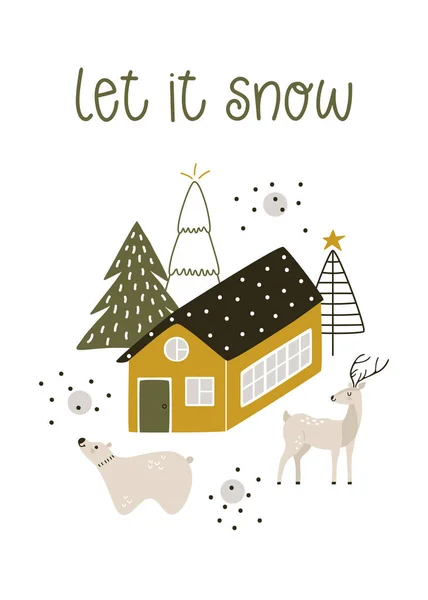Cartão Saudação Com Uma Ilustração Uma Casa Árvores Natal Animais — Vetor de Stock