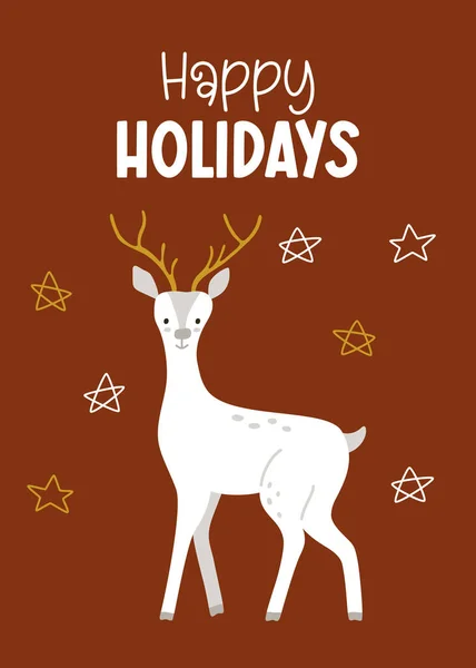 漫画の鹿と巨大なスタイルでお祝いの碑文とホリデーカード 幸せな冬の休日 クリスマスと新年のためのグリーティングカード — ストックベクタ