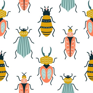 Art deco tarzında beyaz arka planda çok renkli böcekler. Karıncalarla kusursuz vektör deseni