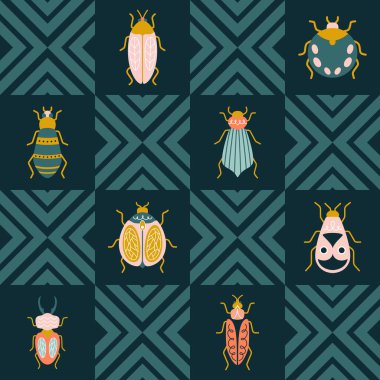 Düz simetrik böcekler ve yeşil arkaplanda kare şeklinde geometrik dekorlar. Art deco biçiminde kusursuz vektör deseni