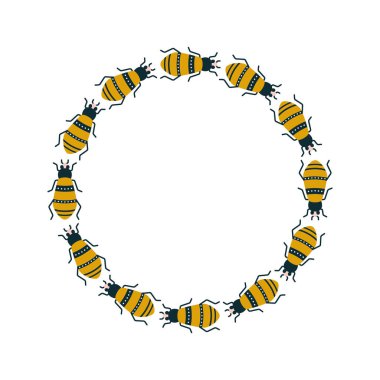 Sanat deco tarzında böcekli ve arılı vektör simetrik çelenk. Tebrik kartları, etiket tasarımları ve logolar için hayvan baskıları.