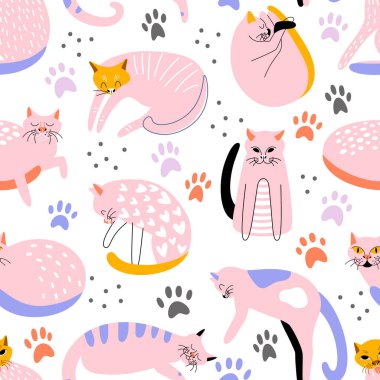 Cute pink hand drawn cats with abstract decor. Seamless vector cute pattern with pet animal. Print for nursery