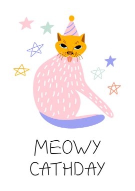 A funny hand drawn festive cat in birthday hat. Vector illustration of a pet for a poster or card