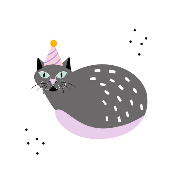 Niedliche Cartoon Katze Mit Einer Geburtstagskappe Kindliche Karte Mit Tieren — Stockvektor