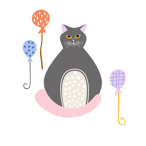 Cute Cartoon Cat Inflatable Balls Flowers Childish Card Animals — Stockvektor