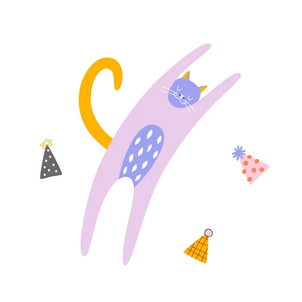 Doğum Günü Şapkalı Sevimli Çizgi Film Kedisi Hayvanlarla Çocukça Oyunlar — Stok Vektör