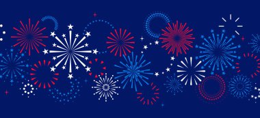 4 Temmuz sınırı, kırmızı ve mavi havai fişek sınırı, ABD Bağımsızlık Günü arka planı, ABD bayramları, İşçi Bayramı, Anma Günü, Gaziler Günü veya 4 Temmuz konsepti için pürüzsüz bir düzen