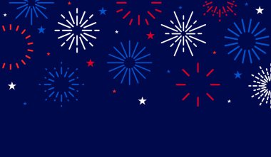 4 Temmuz havai fişek şablonu, Bağımsızlık Günü arka planı kırmızı, beyaz ve mavi havai fişekler ve yıldız vektör arkaplanı, metin için metin alanı olan ABD İşçi Bayramı posteri