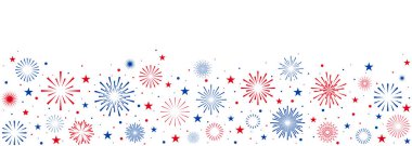 İzole edilmiş arka planda ABD Bağımsızlık Günü afişi, kırmızı ve mavi havai fişekli 4 Temmuz sınırı, Bastille Günü, İşçi Bayramı arka planı