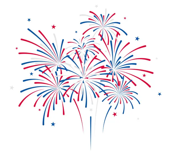 4 Temmuz havai fişek gösterimi, ABD bayrak gösterim vektör ikonu izole arka plan, mavi, kırmızı ve beyaz havai fişek sembolü 4 Temmuz ABD Bağımsızlık Günü veya İşçi Bayramı bayram afişi