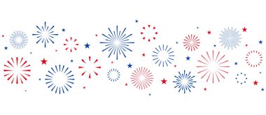 Birleşik Devletler Bağımsızlık Günü sınırında, kırmızı ve mavi havai fişekli 4 Temmuz bayrağı ve beyaz zemin üzerinde yıldızlar, Bastille Günü veya İşçi Bayramı vektör ayırıcısı