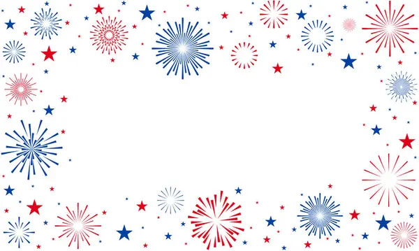 4 Temmuz arkaplanı, metin için kopyalama alanı olan mavi ve kırmızı havai fişek çerçevesi, havai fişeklerle ABD Bağımsızlık Günü sınırı yıldızlar, İşçi Bayramı arka planı