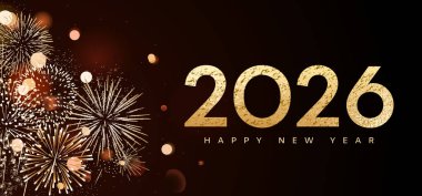 Mutlu yıllar 2026 tebrik kartı tasarım şablonu altın havai fişek arka planı ve 2026 numara, altın 2026 sembollü pankart.