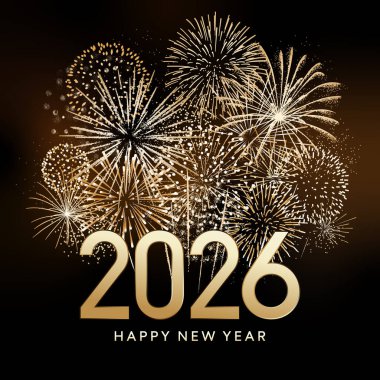 Yeni yılınız kutlu olsun. Altın havai fişek gösterimi ve koyu arkaplanlı 2026 numara metin, kare tebrik kartı şablonu.
