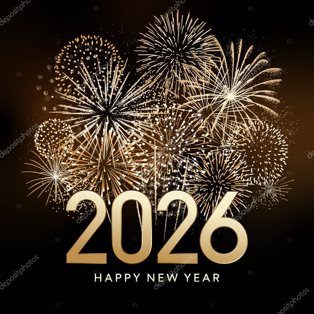 Happy New Year 2026 vector card design with gold fireworks display and 2026 number text on dark background, square greeting card template