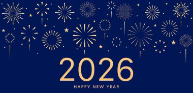 Yeni Yıl 2026 afişi, mavi arka planda altın sayı ve havai fişek sınırı, bayram tebrik kartı tasarımı şablonu