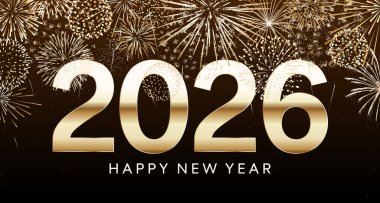 2026 havai fişek tebrik kartı şablonu altın havai fişek arka planı ve altın Yeni Yıl 2026 sayısı ve metin