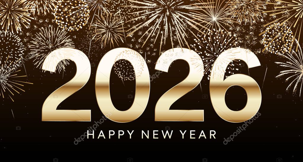 2026 fireworks greeting card template with gold fireworks background and golden Happy New Year 2026 number and text