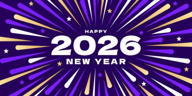 Renkli arka plan ve metin ile 2026 tebrik kartı tasarımı, mor ve altın havai fişek sınırlı 2026 yılbaşı afişi