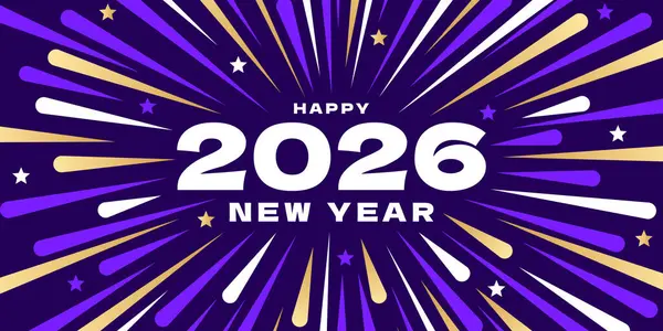 Renkli arka plan ve metin ile 2026 tebrik kartı tasarımı, mor ve altın havai fişek sınırlı 2026 yılbaşı afişi