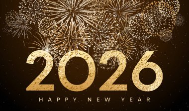 Mutlu yıllar 2026 tebrik kartı şablonu altın sarısı havai fişek arka planı ve 2026 numara ve mutlu yıllar mesajı.