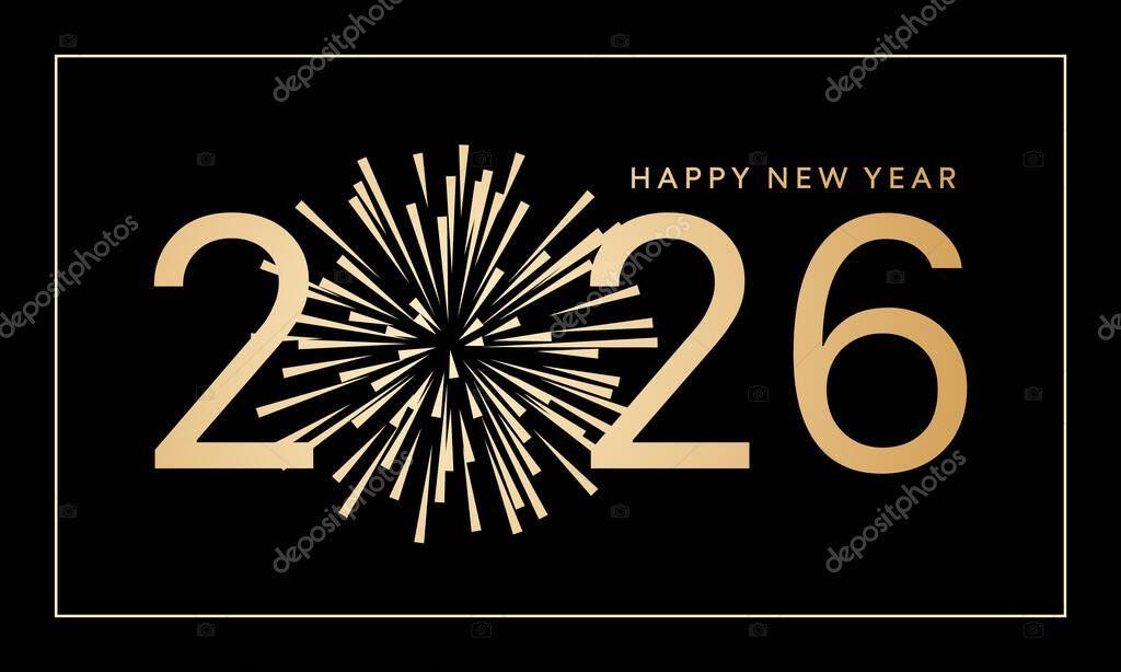 2026 greeting card template with gold number and fireworks on black background, horizontal poster with Happy New Year 2026 golden text