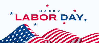 ABD İşçi Bayramı tebrik kartı tasarım şablonu, Amerikan bayrağı geçmişi ve mutlu İşçi Bayramı yazı pankartı