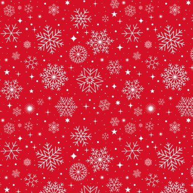 Noel arkaplanı, kar taneleri ve kırmızı arka plandaki yıldızlar, kış tatili desenleri