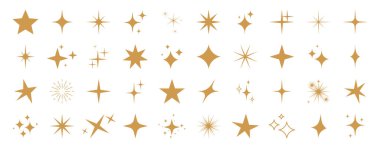 Yıldız simgeleri seti, altın yıldız koleksiyonu, parlak vektör sembolleri, kıvılcımlar